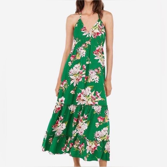 Express Dresses & Skirts - NWOT Green Floral Print Deep V Halter Maxi Dress Size Medium